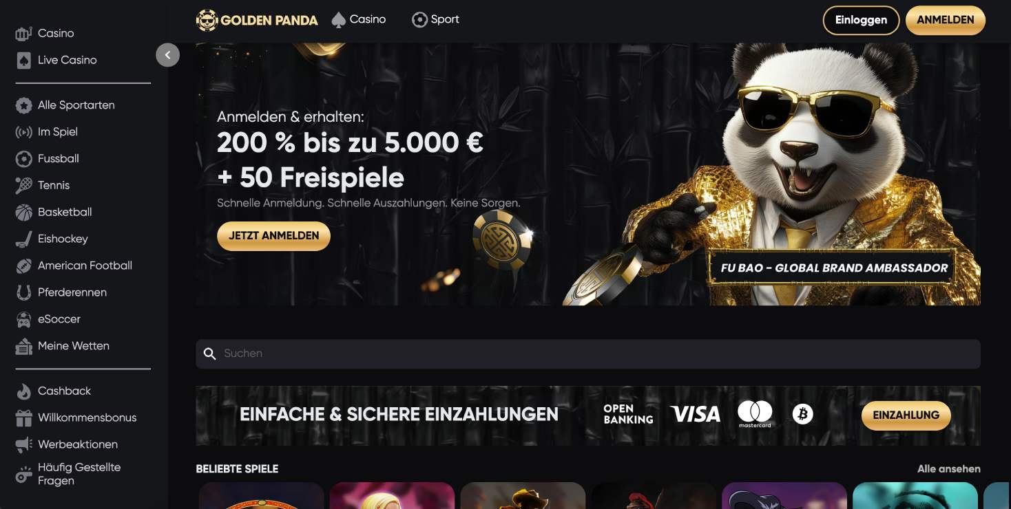 Golden Panda Casino — Page d'accueil avec bonus 200% + 5 000€